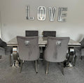 Arianna Grey Marble Dining Table With Venice Lion Knocker Grey Velvet Chairs