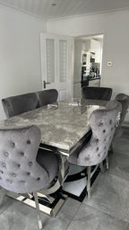 Arianna Marble Dining Table With Lewis Lion Knocker Velvet Chairs