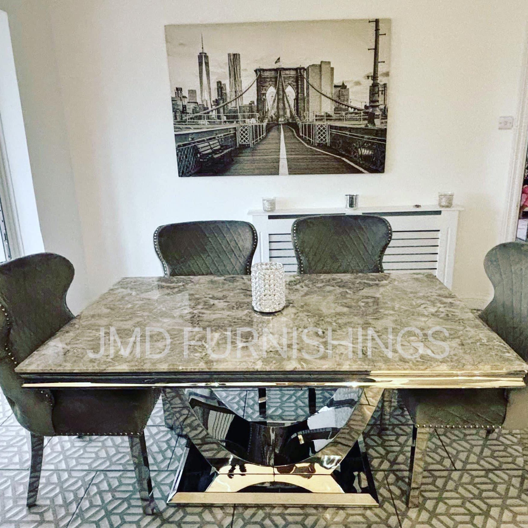 Arial Grey Marble Top Dining Set With Lewis Lion knocker Velvet Chairs