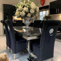Arianna White Marble Top Dining Set With Black Emma Knocker Velvet Chairs