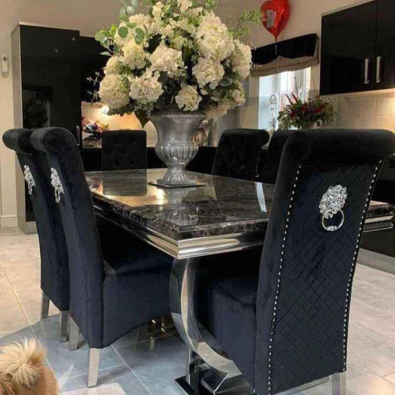 Arianna White Marble Top Dining Set With Black Emma Knocker Velvet Chairs