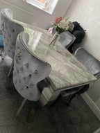 Vienna Grey Marble Top Dining Set With Lewis Lion Knocker Velvet Chairs