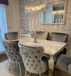 Vienna Grey Marble Top Dining Set With Lewis Lion Knocker Velvet Chairs