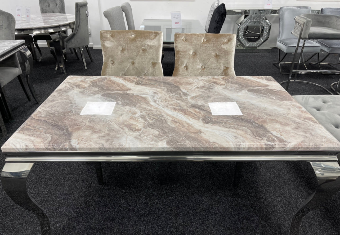 Vienna Brown & Beige Marble Top Dining Set With Cheshire Ring Champagne  Knocker Chairs