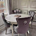 Vienna Round Grey Marble Dining Table With Chelsea Lion Grey Knocker Velvet Chairs