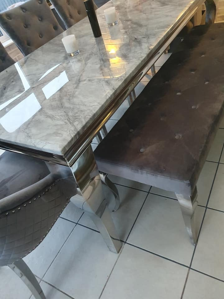 Vienna Grey Marble Top Dining Set With Venice Knocker Velvet Chairs
