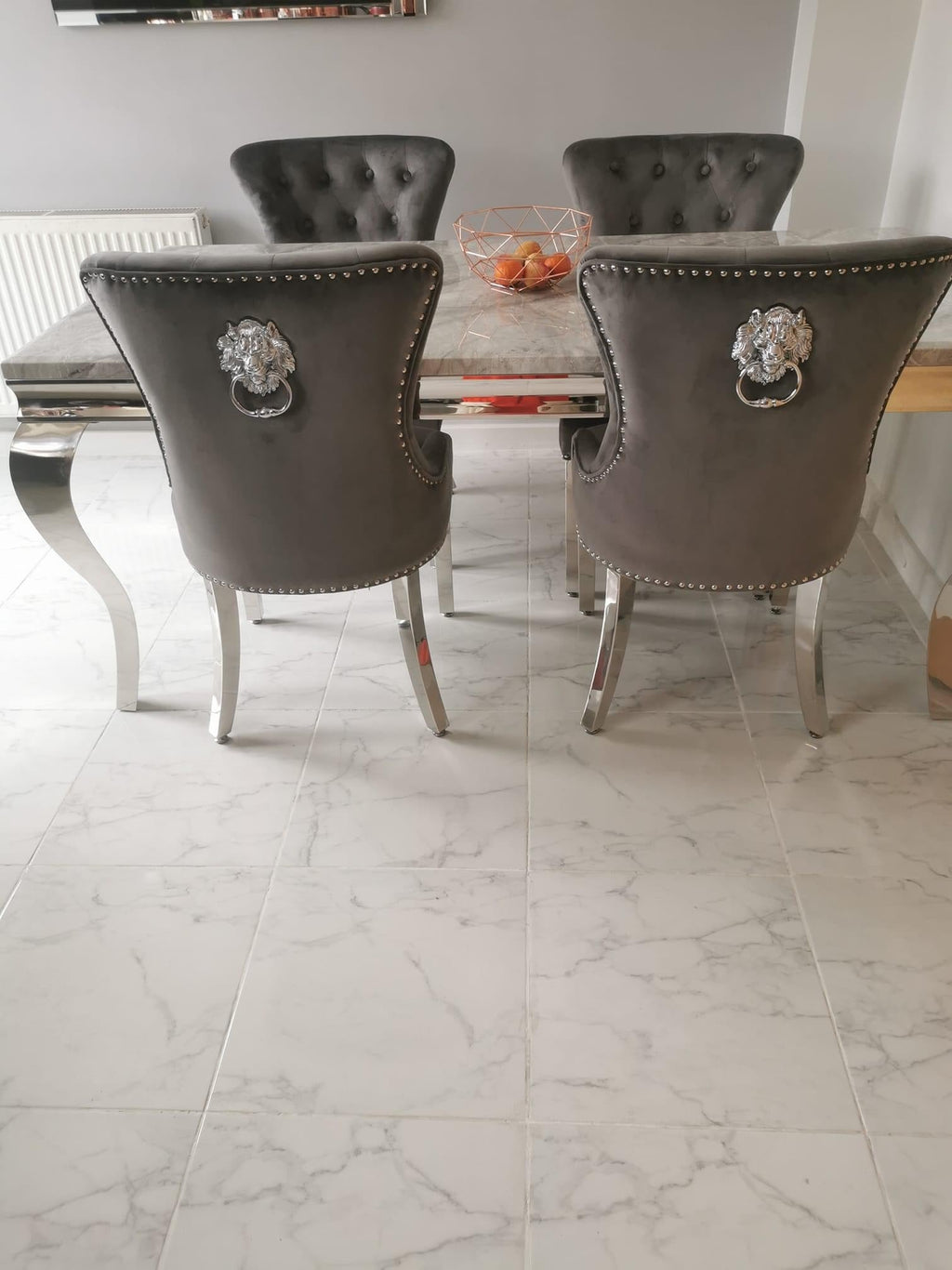 Vienna Marble Dining Table With Chelsea Lion Knocker Velvet Chairs
