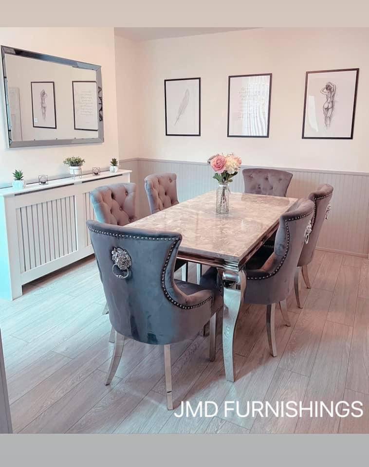 Vienna Grey Marble Top Dining Set With Leather Chelsea Lion Knocker Velvet Chairs