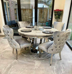 Chelsea Cream Round Marble Top Dining Set With Champagne Lewis Lion Knocker Velvet Chairs