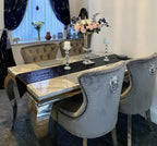 Vienna Grey Marble Top Dining Set With Leather Chelsea Lion Knocker Velvet Chairs