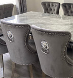Arial White Marble Top Dining Set With Chelsea Lion knocker Chairs