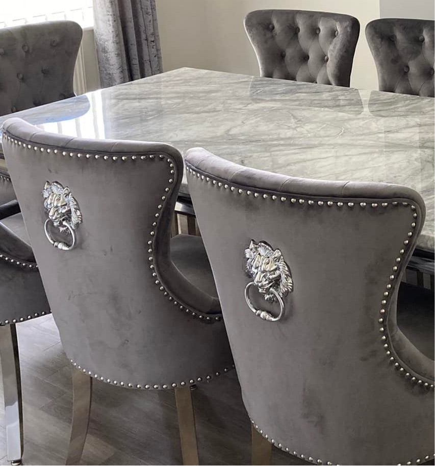Arial White Marble Top Dining Set With Chelsea Lion knocker Chairs