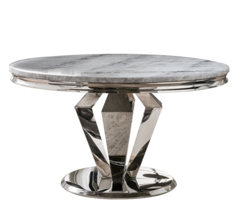 Windsor Grey Round Marble Top Dining Set With Duke Knocker Velvet Chairs