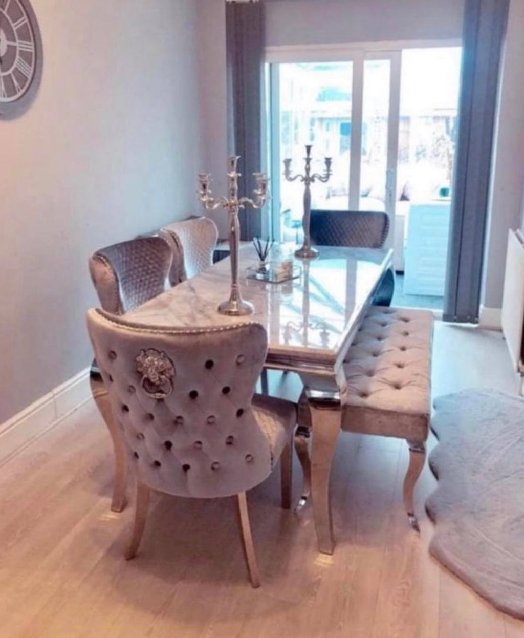 Vienna Grey Marble Top Dining Set With Lewis Lion Knocker Velvet Chairs