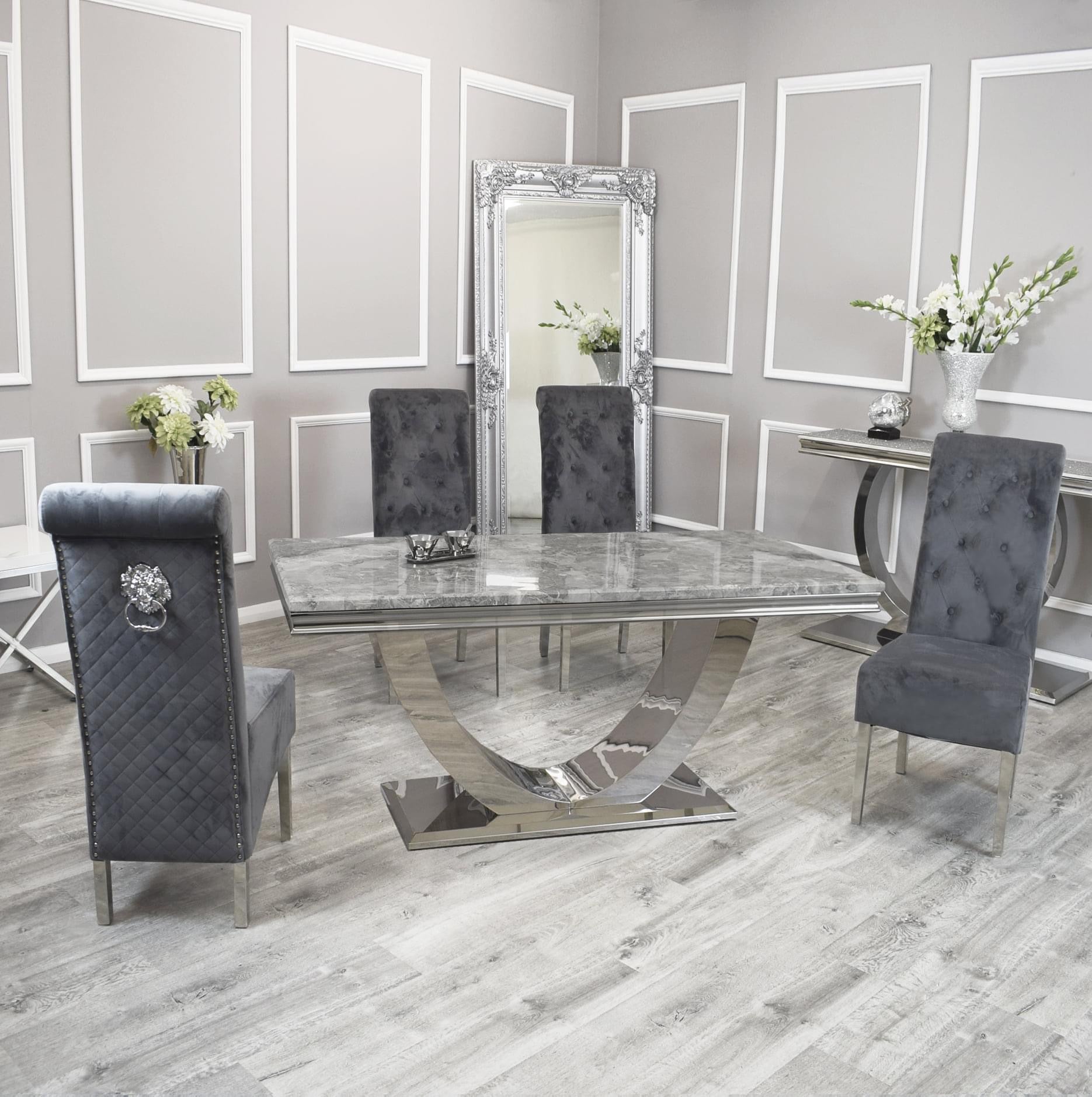 Arial Marble Top Dining Set With Lucy Lion knocker Chairs