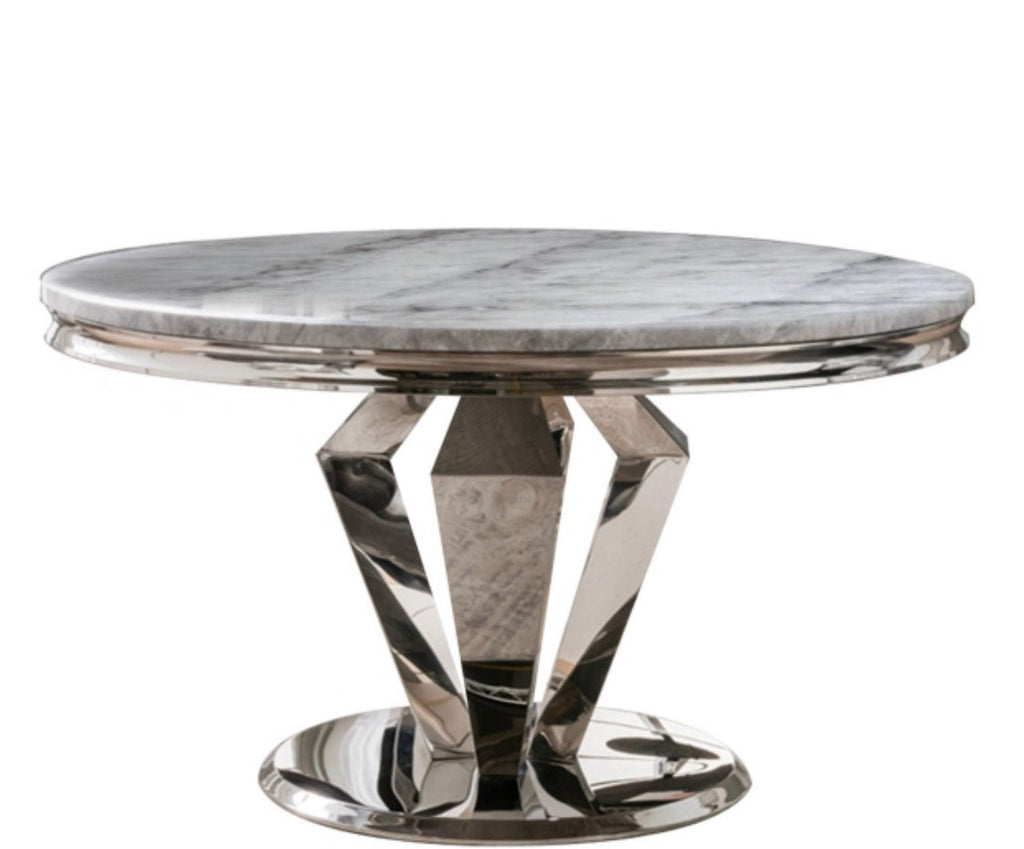 Windsor Grey Round Marble Top Dining Set With Lewis Lion Knocker Velvet Chairs