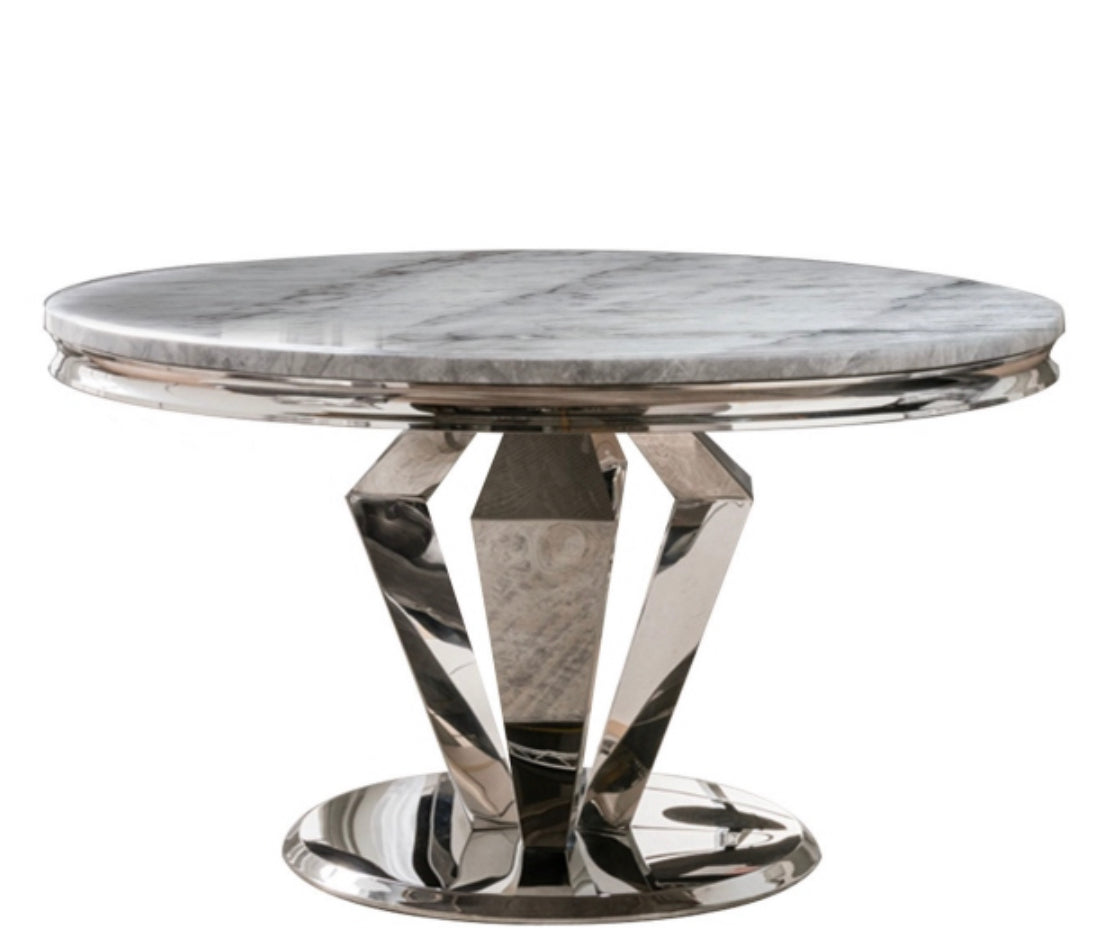 Windsor Grey Round Marble Top Dining Set With Lewis Lion Knocker Velvet Chairs