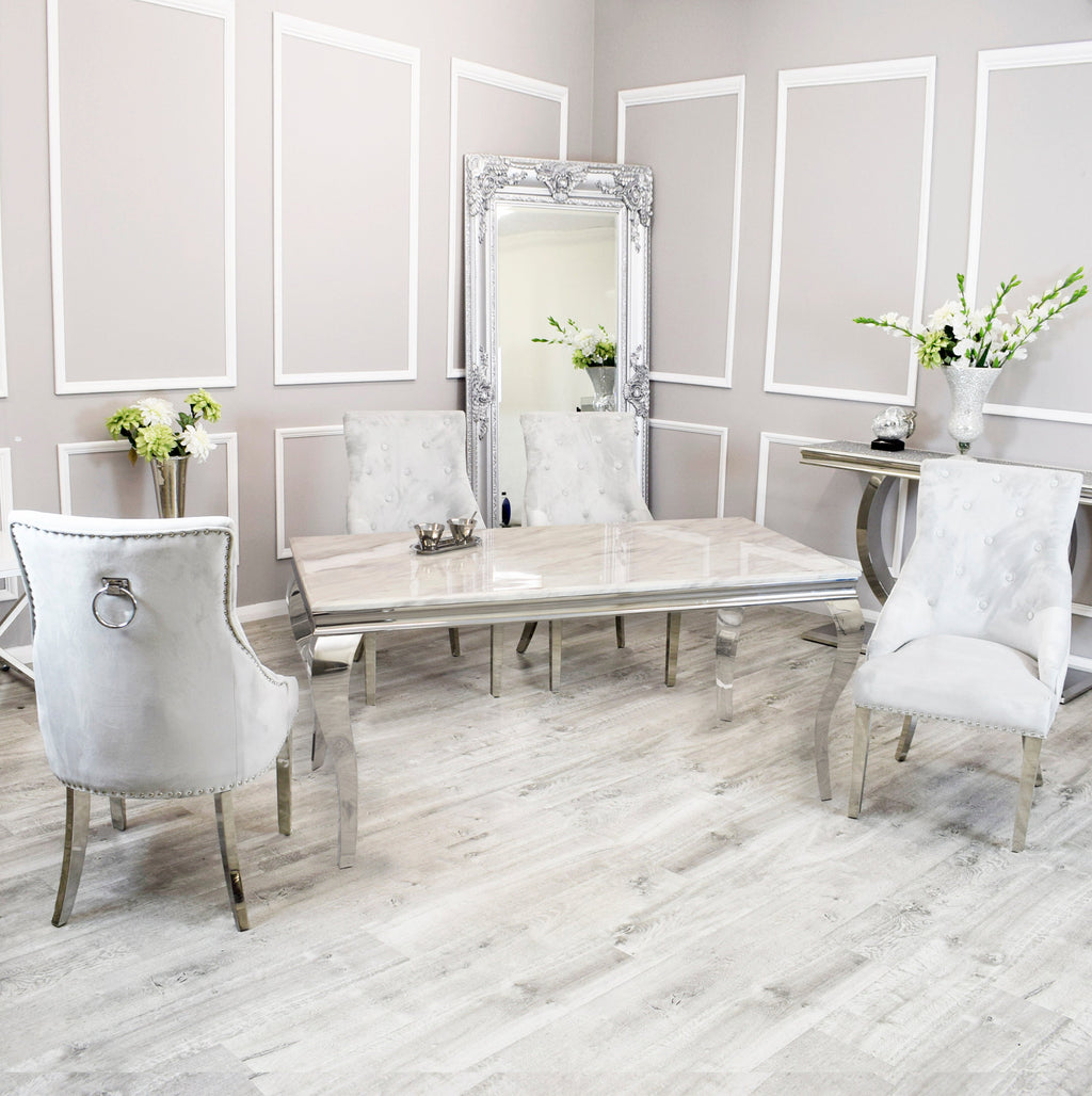 Vienna White Marble Top Dining Set With Light Grey Duke Knocker Velvet Chairs