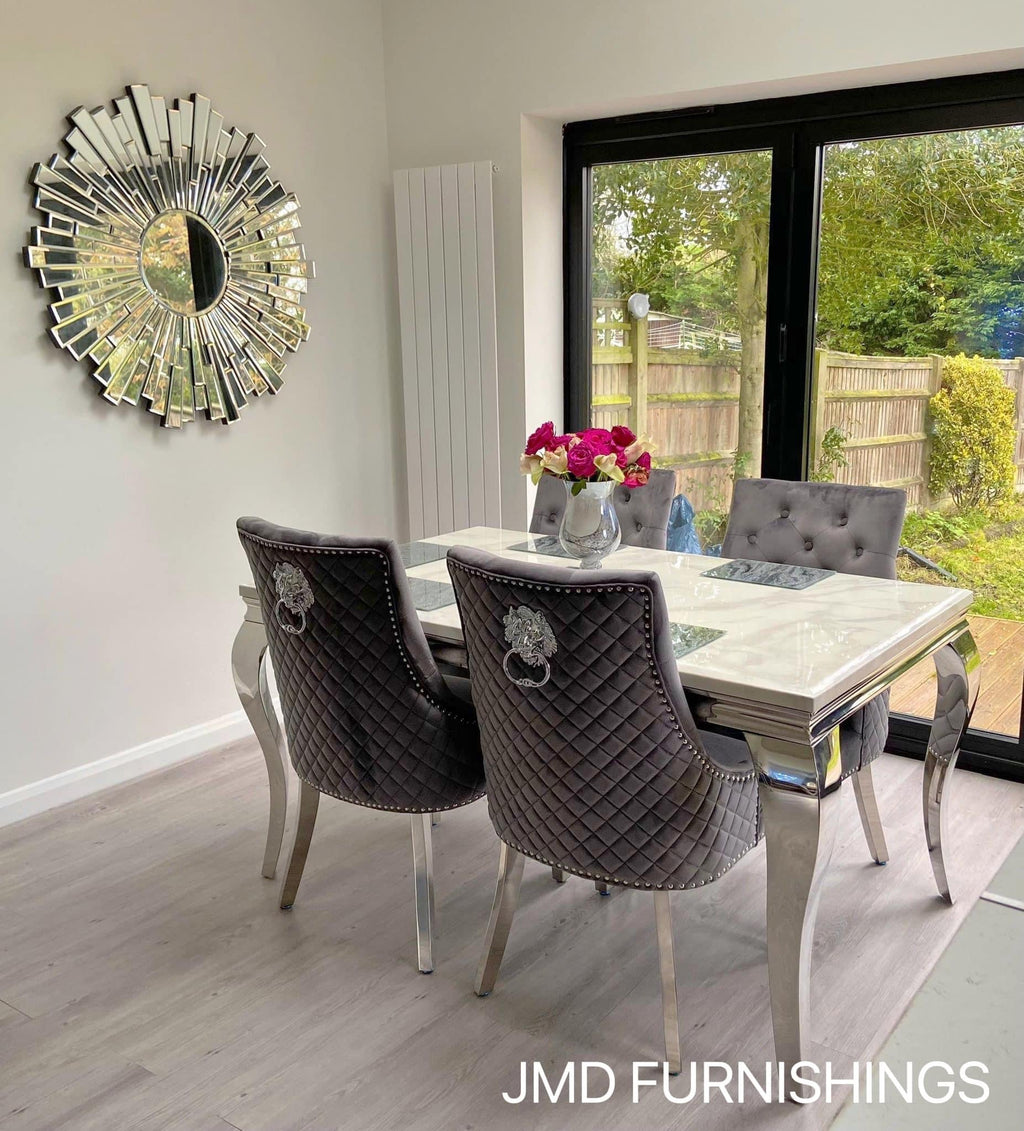 Vienna Marble Dining Table With Bently Knocker Chairs lion
