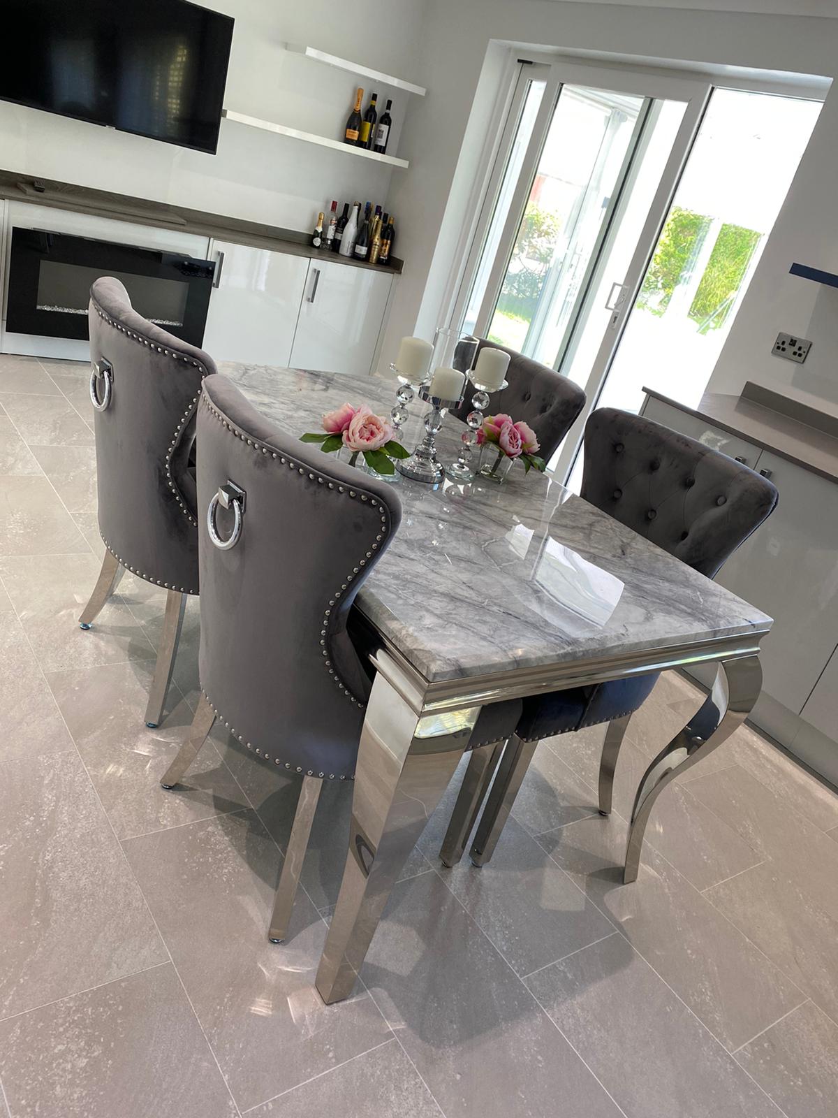 Vienna Grey Marble Top Dining Set With Black Chelsea Lion Knocker Velvet Chairs