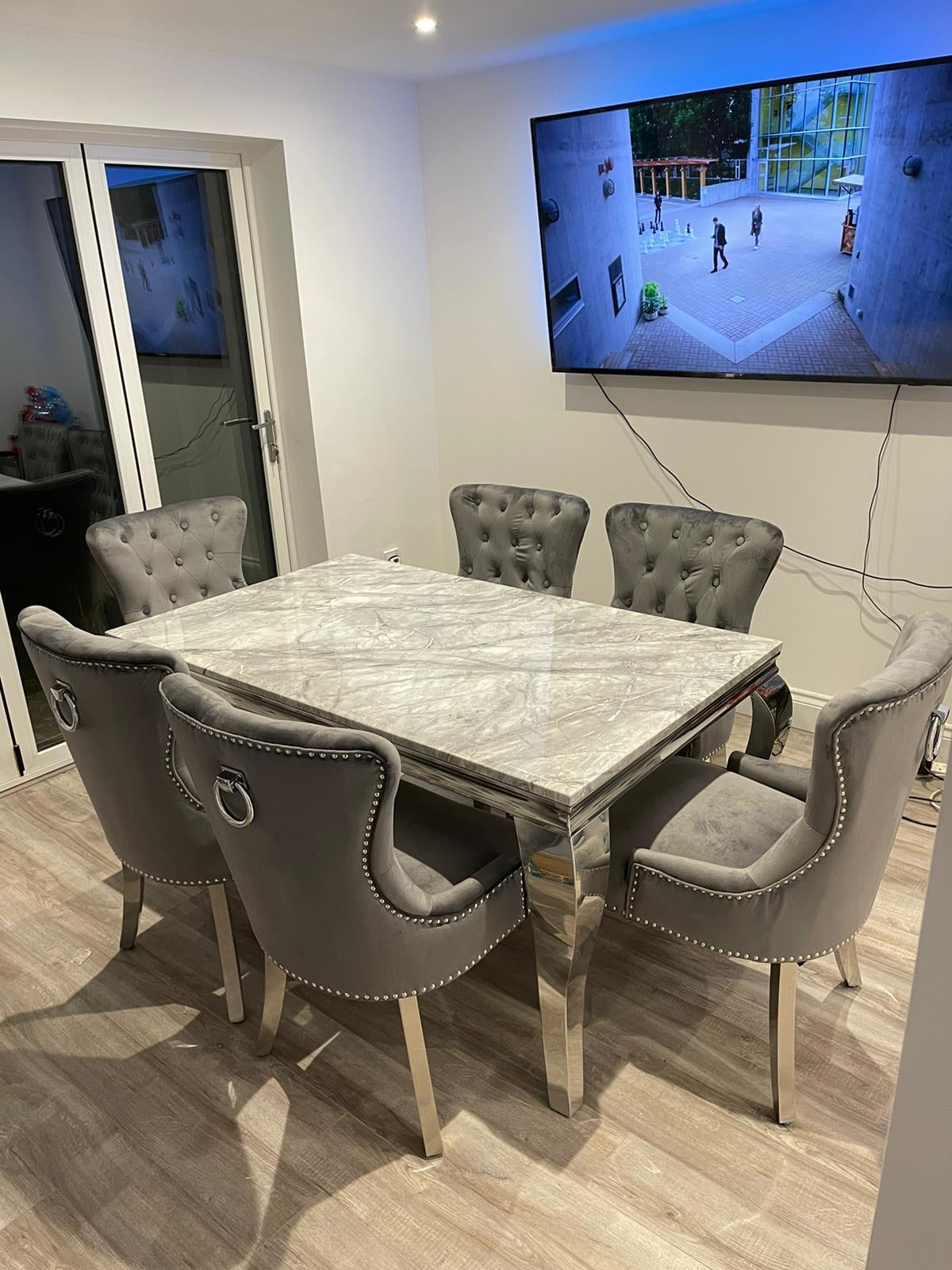 Vienna Grey Marble Top Dining Set With Chelsea Ring Knocker Velvet Chairs