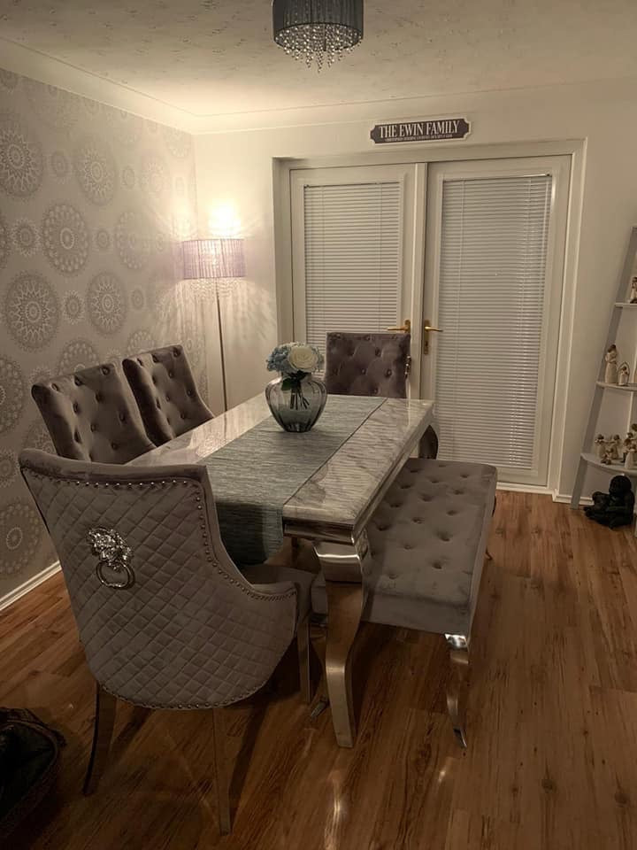 Vienna Grey Marble Top Dining Set With Venice Knocker Velvet Chairs