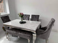 Vienna White Marble Top Dining Set With Cheshire Ring Knocker Velvet Chairs