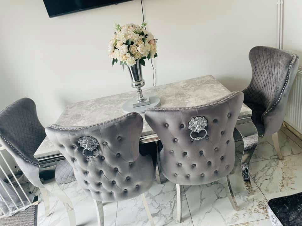Vienna Grey Marble Top Dining Set With Lewis Lion Knocker Velvet Chairs